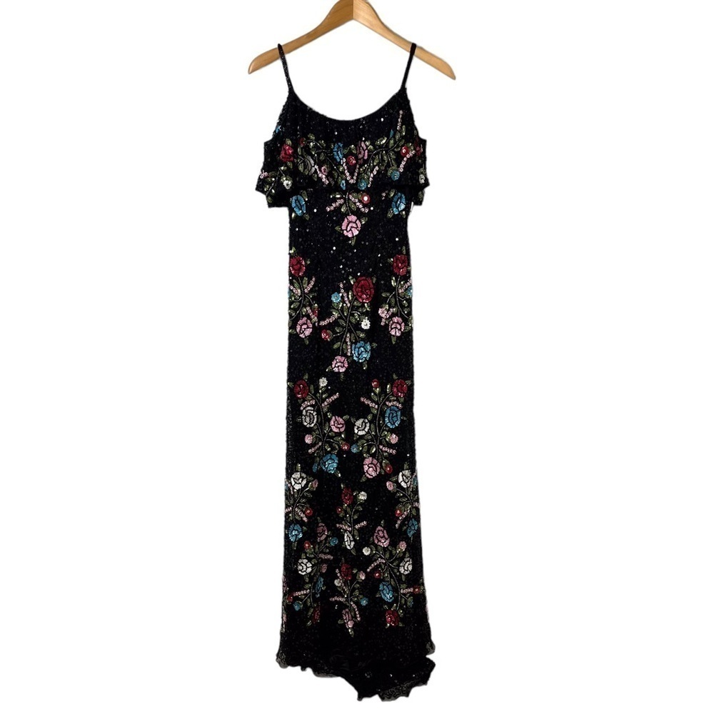 Mac Duggal Cold Shoulder Sequin Floral Gown Dress Black Size 2 Formal Black Tie - Picture 4 of 13